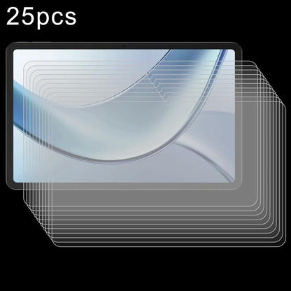 25-pack clear tempered glass screen protector films, tablet display with pale blue artwork