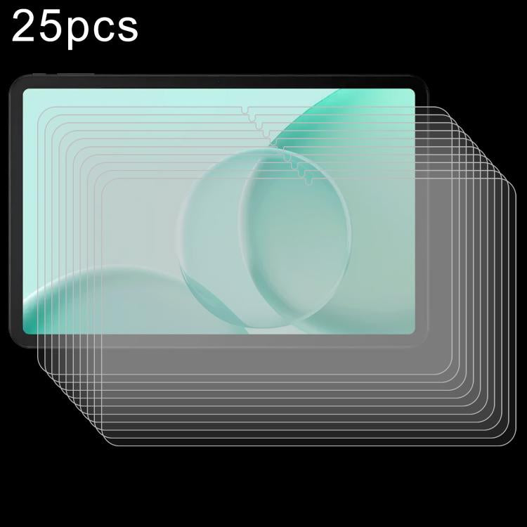 Tablet screen protector tempered glass film set, 25 pcs, stacked and ready for installation.