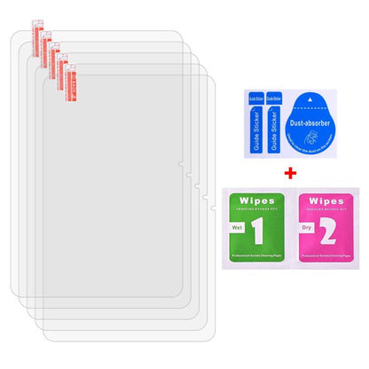 25-piece tablet tempered glass film set with dust-absorber and wet/dry cleaning wipes.