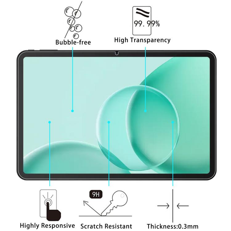 Tablet screen protector tempered glass film set showing scratch resistance and 0.3mm thickness.