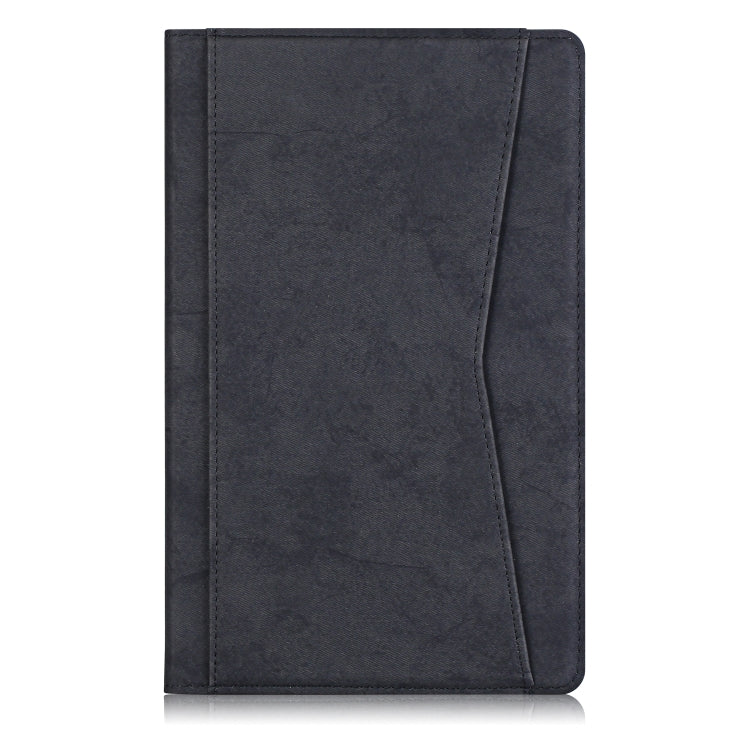 Dark tablet folio case with textured front cover and stitched edge seams