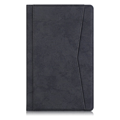 Dark tablet folio case with textured front cover and stitched edge seams