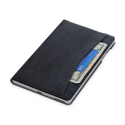 Black folio tablet case with internal card slot showing a card