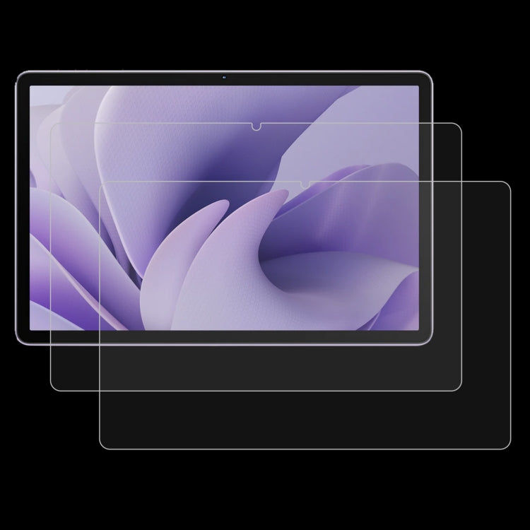 Clear tempered glass screen protector set overlays tablet display to protect from scratches