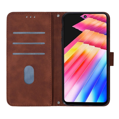 Brown embossed flip phone case with visible card slots and front phone view