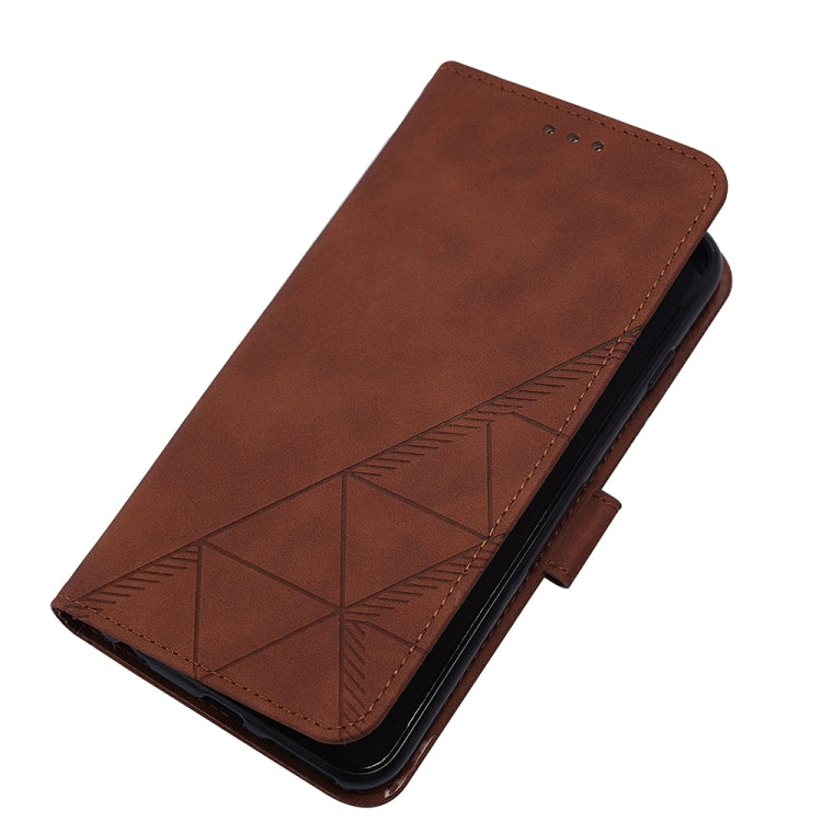Brown embossed flip leather phone case with diagonal geometric pattern