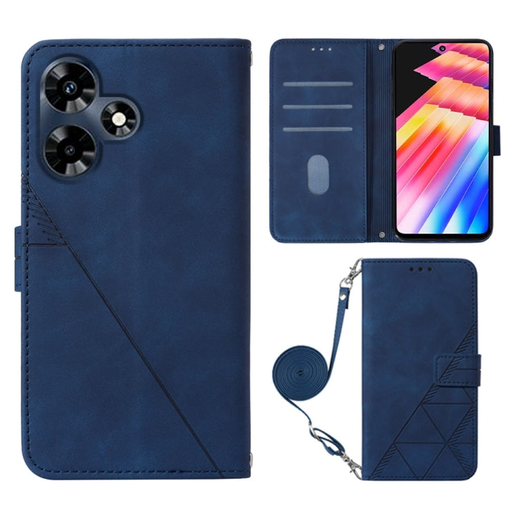 Blue embossed flip leather phone case with crossbody strap and card slots