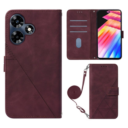 Wine red 3D embossed flip leather phone case with crossbody strap and card slots