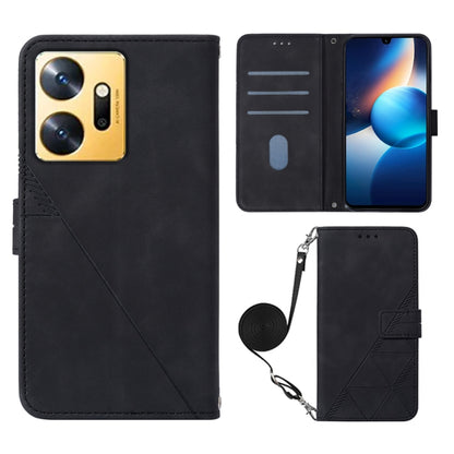 Black 3D embossed flip leather phone case with crossbody strap and front card slots