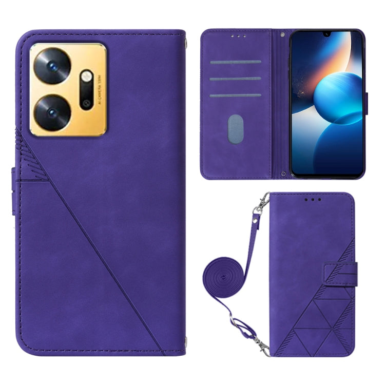 Purple 3D embossed flip leather phone case with crossbody strap and wallet card slots