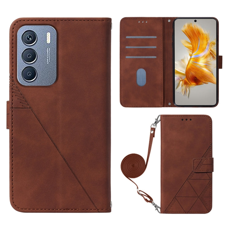 Brown 3D embossed flip leather phone case with crossbody strap and card slots