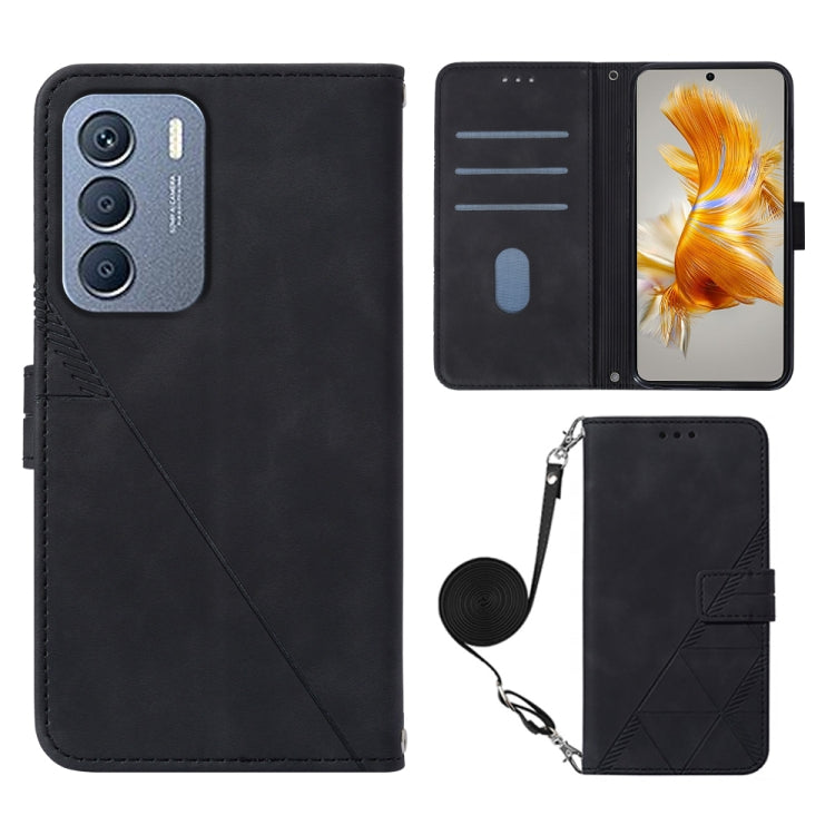 Black 3D embossed flip leather phone case with crossbody strap and card slots