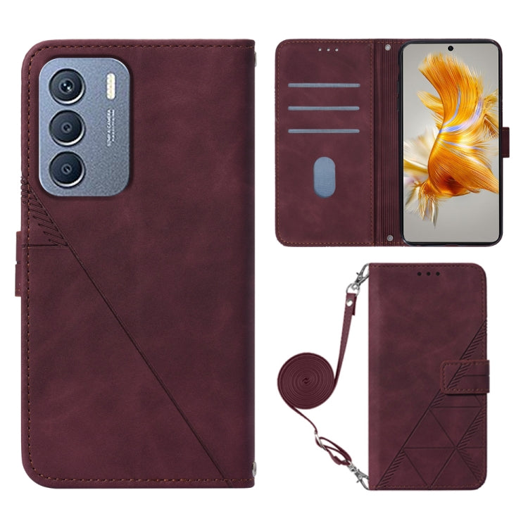 Wine red 3D embossed flip leather phone wallet case with wrist strap, card slots