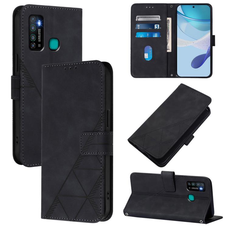 Black flip leather phone wallet case with card slots and geometric 3D embossed pattern