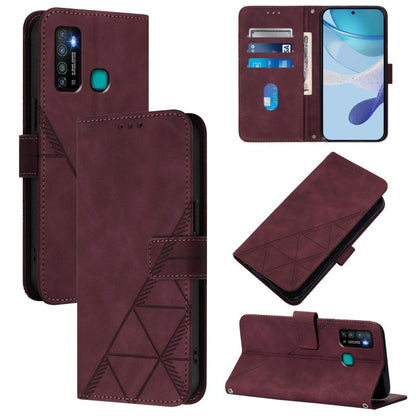 Wine red flip leather phone wallet case with card slots and geometric 3D embossed pattern
