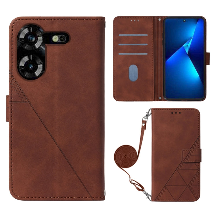 Crossbody flip leather phone case, brown with geometric emboss and wrist strap