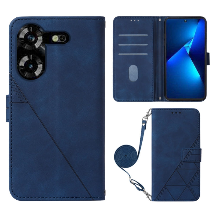 Crossbody flip leather phone case, blue with geometric emboss and wrist strap