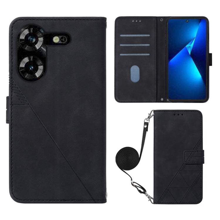Crossbody flip leather phone case, black with geometric emboss and wrist strap