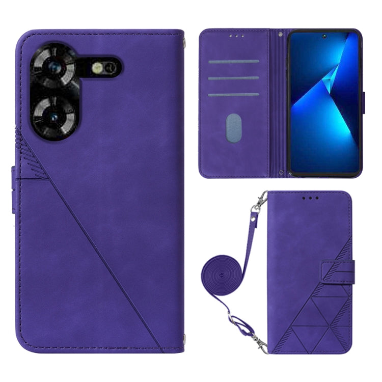 Crossbody flip leather phone case, purple with geometric emboss and wrist strap