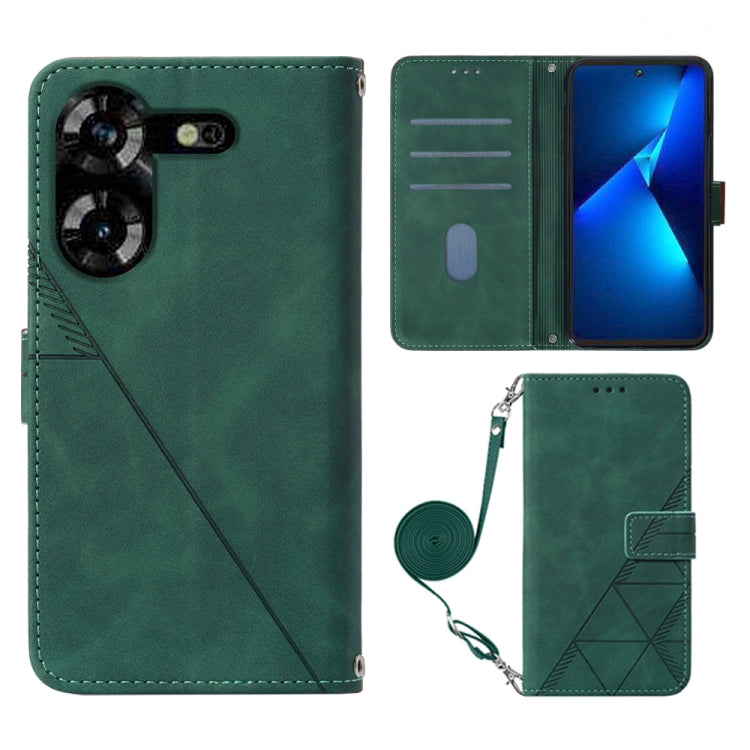 Crossbody flip leather phone case, dark green with geometric emboss and exterior wrist strap