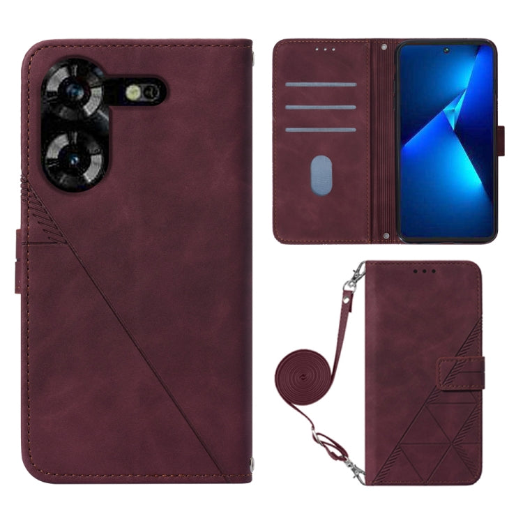 Crossbody flip leather phone case, burgundy with geometric emboss and exterior wrist strap