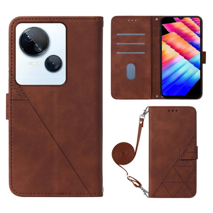 Crossbody flip leather phone case, brown with geometric emboss and exterior wrist strap