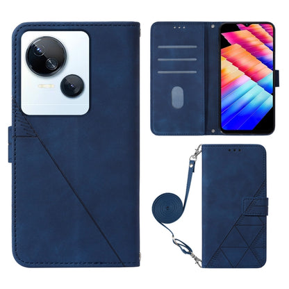 Crossbody flip leather phone case, blue with geometric emboss and exterior wrist strap