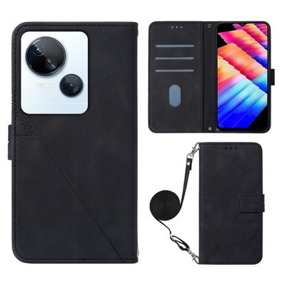 Crossbody flip leather phone case in black, embossed pattern, wrist strap, card slots