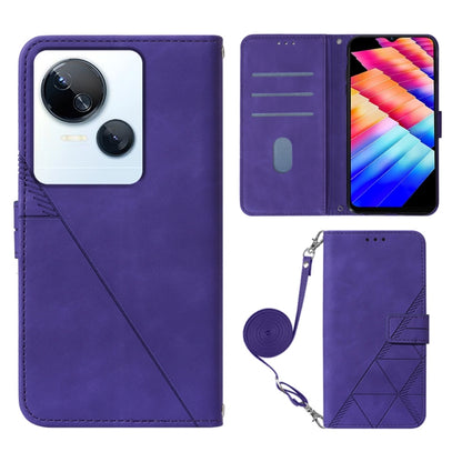 Crossbody flip leather phone case in purple, embossed design, wrist strap, card slots