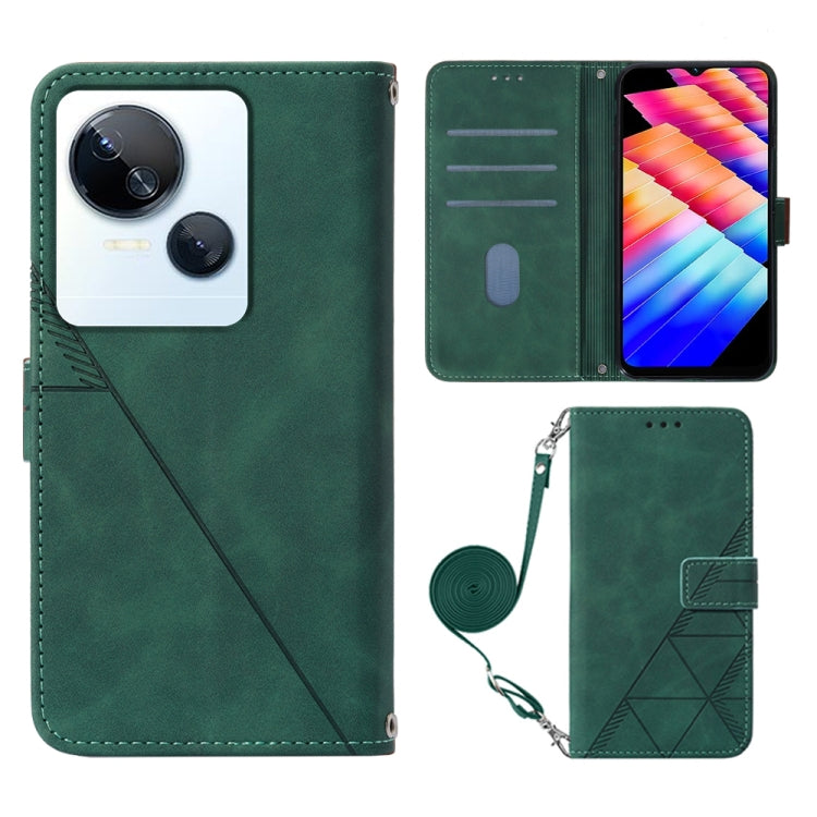 Crossbody flip leather phone case in dark green, embossed pattern, wrist strap, card slots