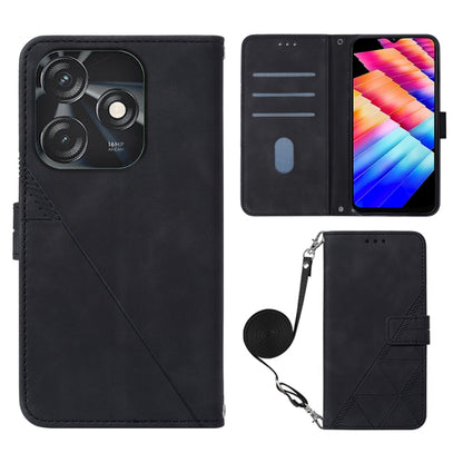 Crossbody phone wallet case in black leather-look, embossed pattern, strap, card slots