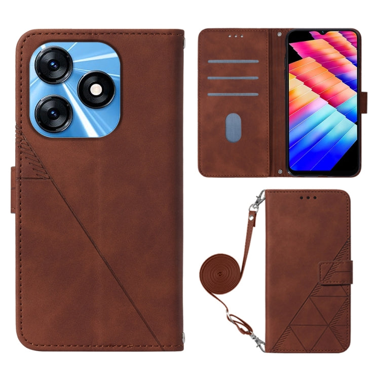 Brown embossed flip leather phone case with wrist strap and card slots.