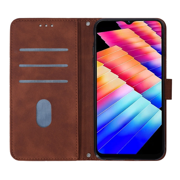 Brown embossed flip leather phone case with screen protector and card slots.