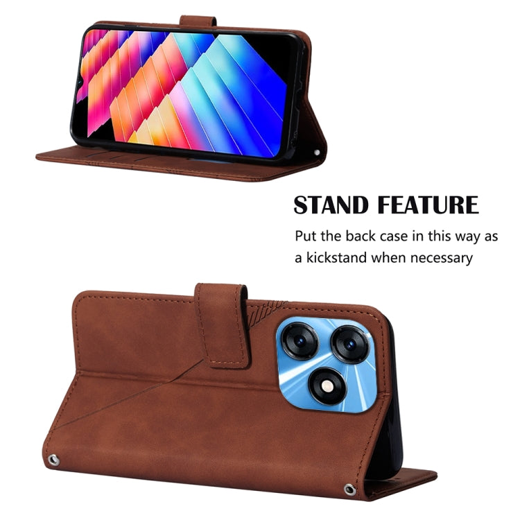 Brown flip leather phone case with kickstand stand feature and camera cutout.