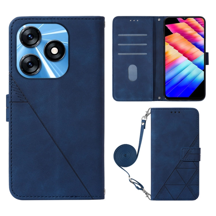 Blue embossed flip leather phone case with wrist strap and card holder slots.