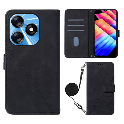 Black embossed flip leather phone case with wrist strap and internal card slots.
