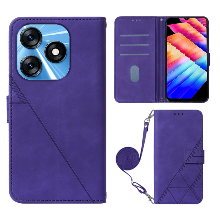 Purple embossed flip leather phone case with wrist strap and card slots.