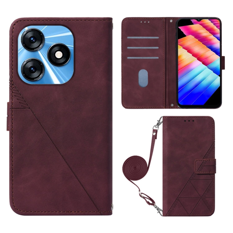 Wine red embossed flip leather phone case with crossbody strap and card slots.