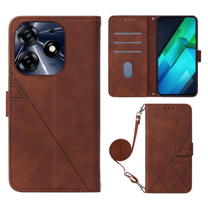 Brown embossed flip leather phone case with crossbody strap and wallet-style card slots.