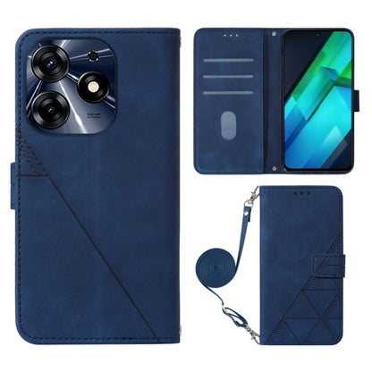 Blue embossed flip leather phone case with crossbody strap and front card holder slots.