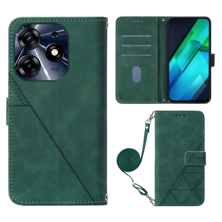 Dark green embossed flip leather phone case with crossbody strap and card slot panels.