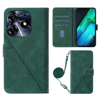 Dark green embossed flip leather phone case with crossbody strap and card slot panels.