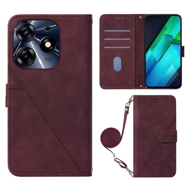 Wine red embossed flip leather phone case with crossbody wrist strap and card slots.