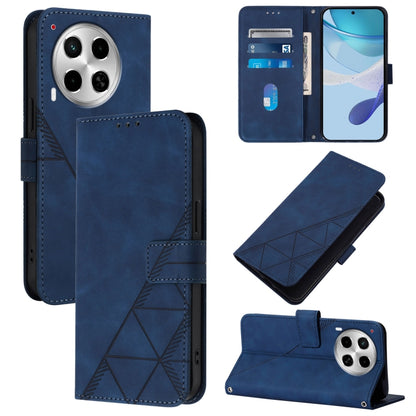 Blue leather flip phone wallet case with embossed geometric pattern and card slots