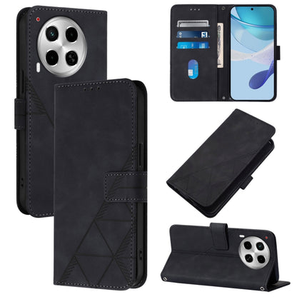 Black leather flip phone wallet case with embossed geometric pattern and card slots