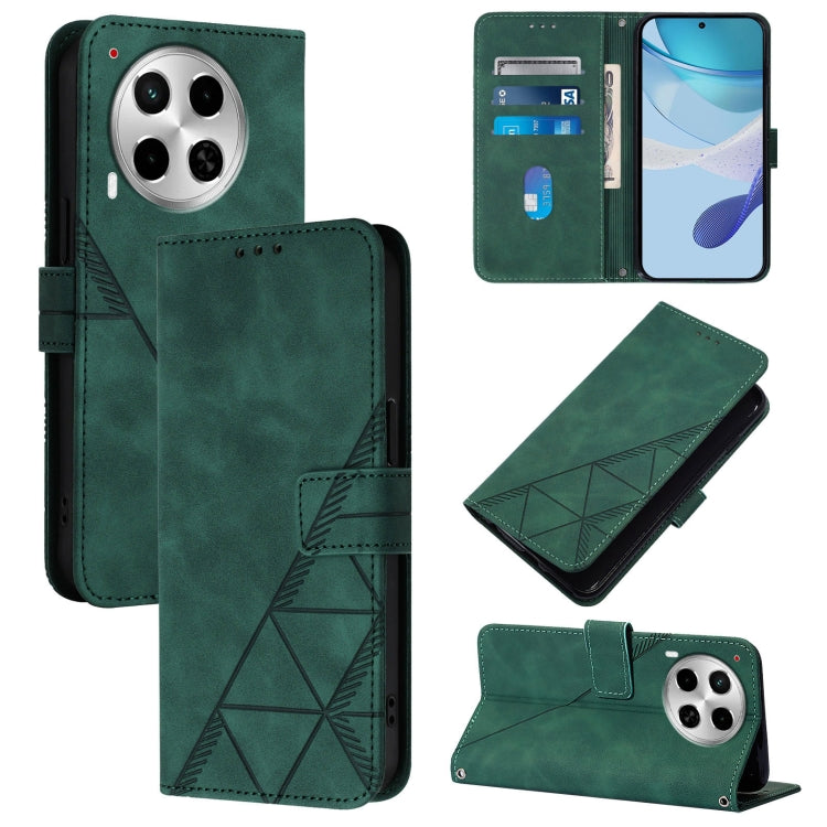 Crossbody flip leather phone case, dark green with geometric emboss and wrist strap