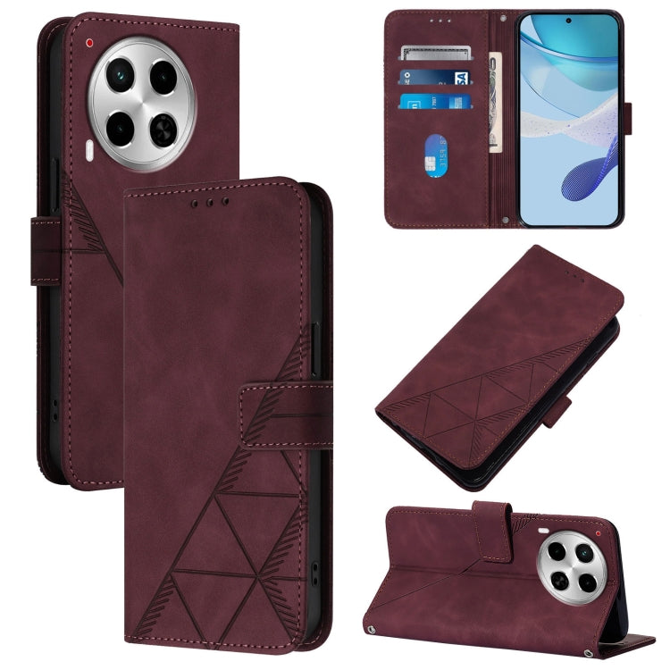 Crossbody flip leather phone case, burgundy with geometric emboss and wrist strap