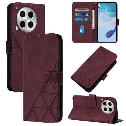 Crossbody flip leather phone case, burgundy with geometric emboss and wrist strap