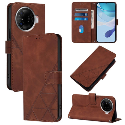 Brown leather flip phone wallet case with embossed geometric pattern and card slots