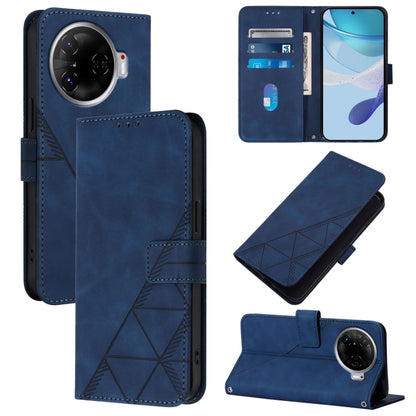 Blue leather flip phone wallet case with embossed geometric pattern and card slots